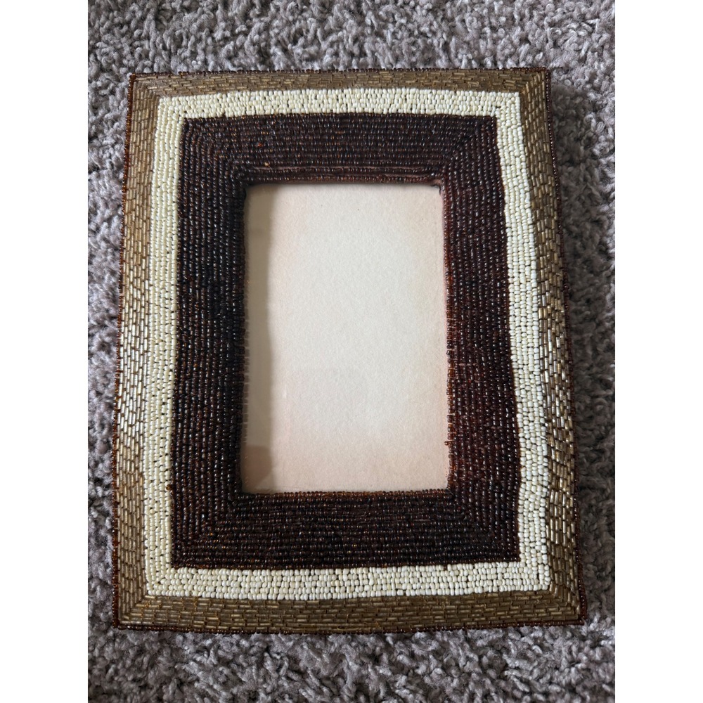Beaded Picture Frame Brown Cream Gold Excellent Boho Decor